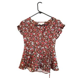 Monteau Floral Wrap Peplum Top - Brown with Pink & Blue Flowers